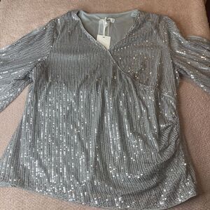 NEW GRACE KARIN‎ Womens Silver Sequin Blouse V Neck Wrap 3/4 Bell Sleeve